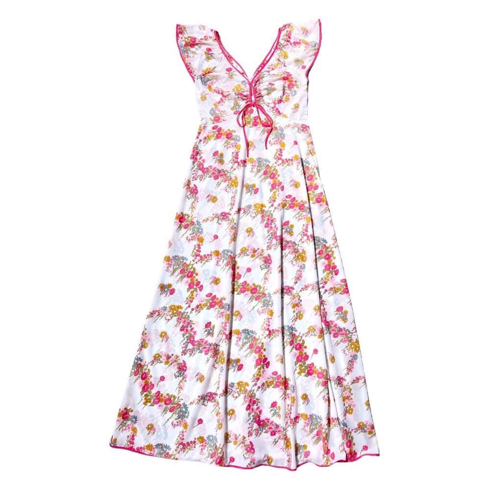 70s Vintage Floral Maxi Dress Nightgown Cap Flutter Sleeve Cutout V Neck Flower.